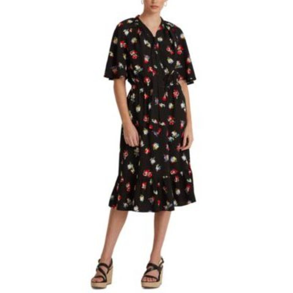 MSRP $155 Ralph Lauren Floral Crepe Tie-Neck Dress Polo Black Size 2